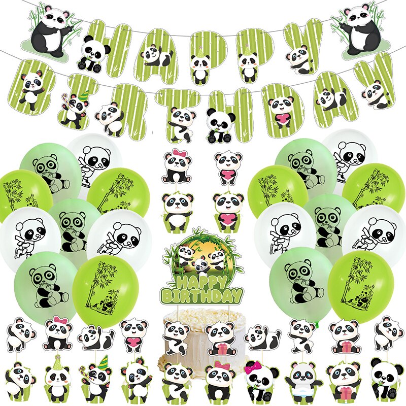 Panda Themed Birthday Party Decorations Green Balloons Set Happy Birthday Banner Cake Topper for Kids Party Supplies PartyDecorHQ