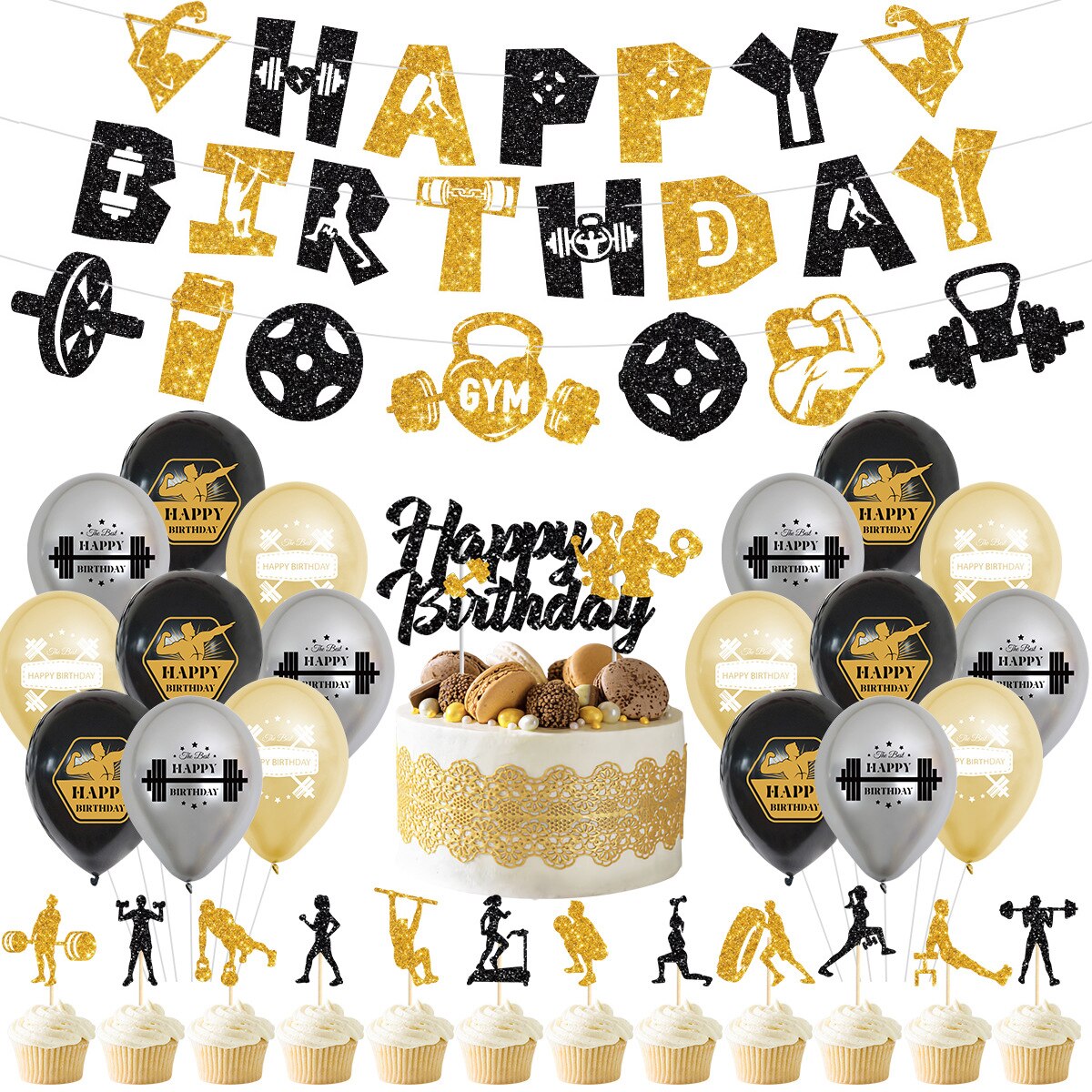 Gym Birthday Party Decoration Balloons Set Banners Paper Pom Poms Cake&cupcake Toppers Fitness Themed Supplies Inflatable Decorations