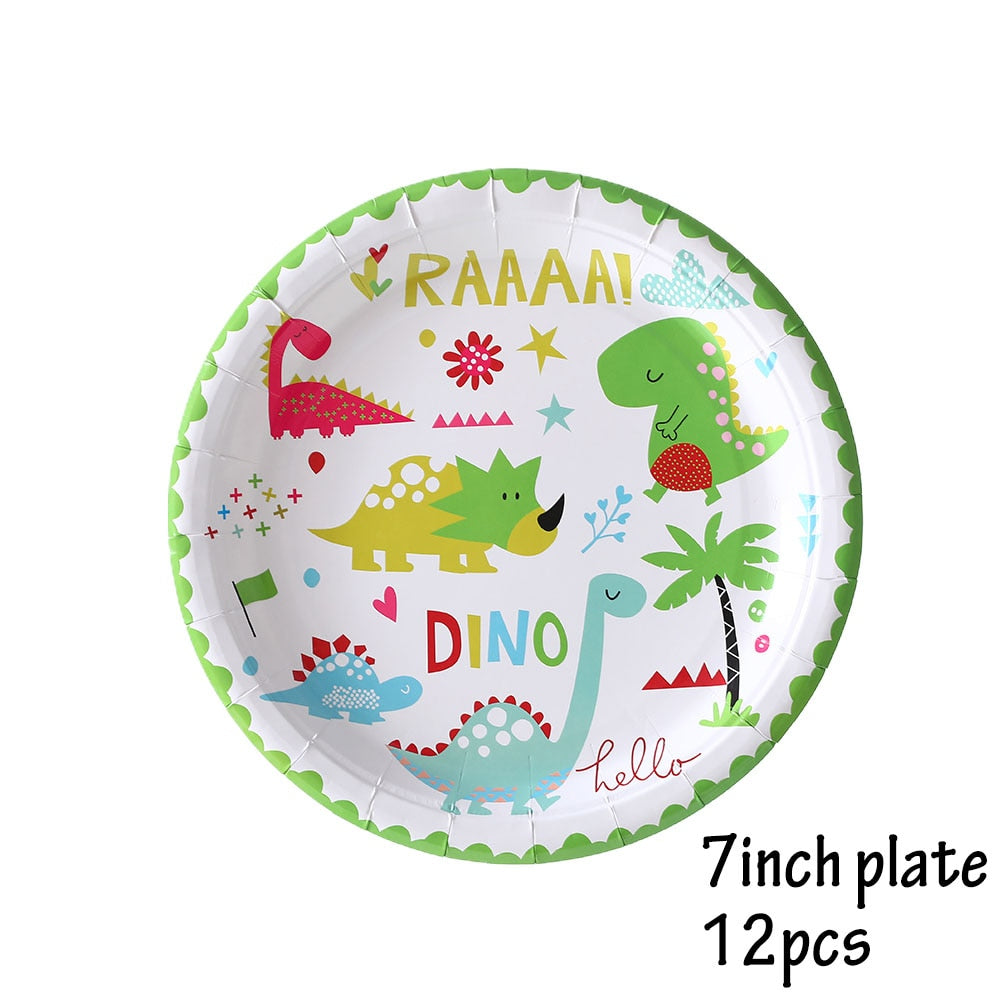 Cute Dinosaur Birthday Decorations Disposable Tableware Plates Cups Jungle Dino Party Banner Kids Summer Supplies 