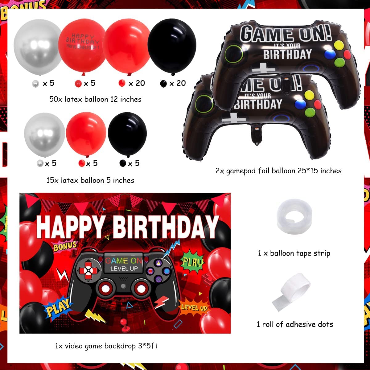 Video Game Birthday Party Decorations Black Red Balloon Garland Kit Backdrop Boys Supplies Inflatable