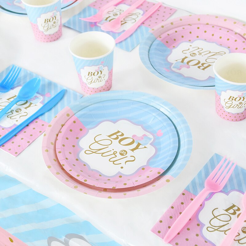 Gender Reveal Disposable Tableware Pink Blue Boy Girl Paper Plates Cups Napkins Baby Shower Party Table Decoration Supplies 