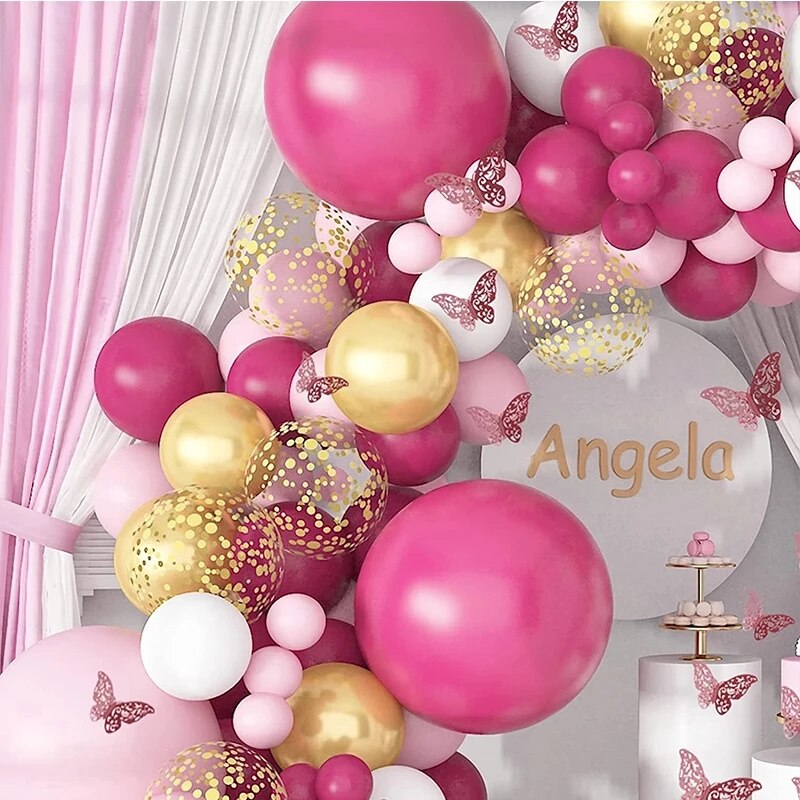 Rose Pink Balloon Garland Arch Kit Confetti Metal Latex Balloons Barbie Theme Party Girl Birthday Shower Wedding Decor Inflatable Decorations