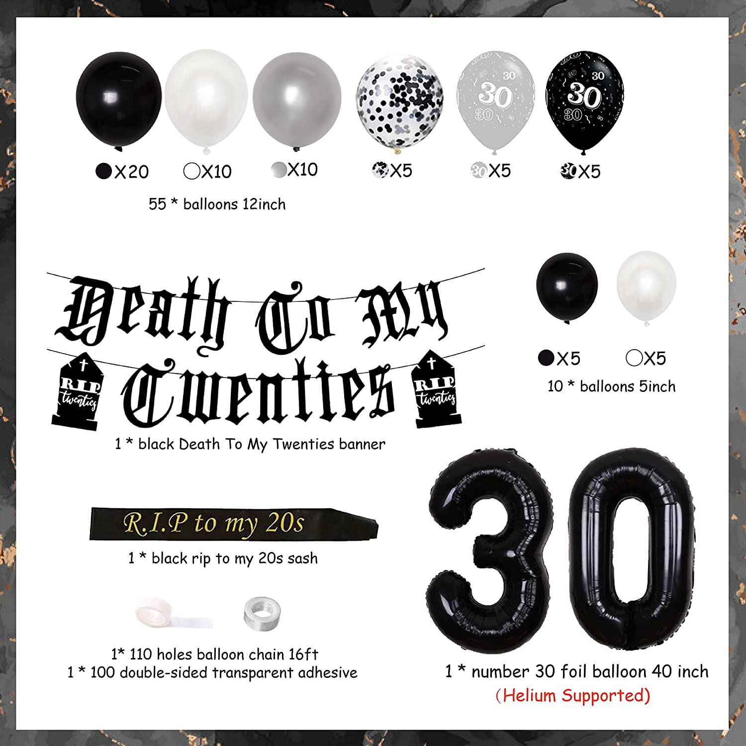 Death Twenties Rip Letter Banner Black Number Foil Balloons Set th Birthday Party Decorations 