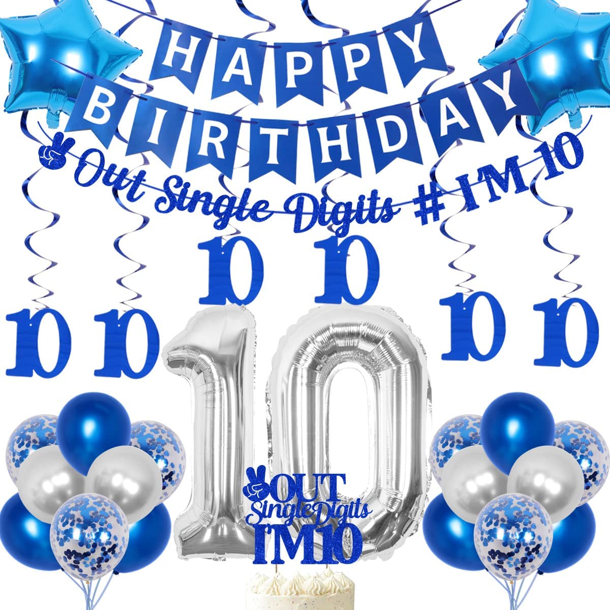 th Birthday Party Decorations Blue Peace Single Digits Tenth Hanging Swirls Banner Cake Topper Supplies 