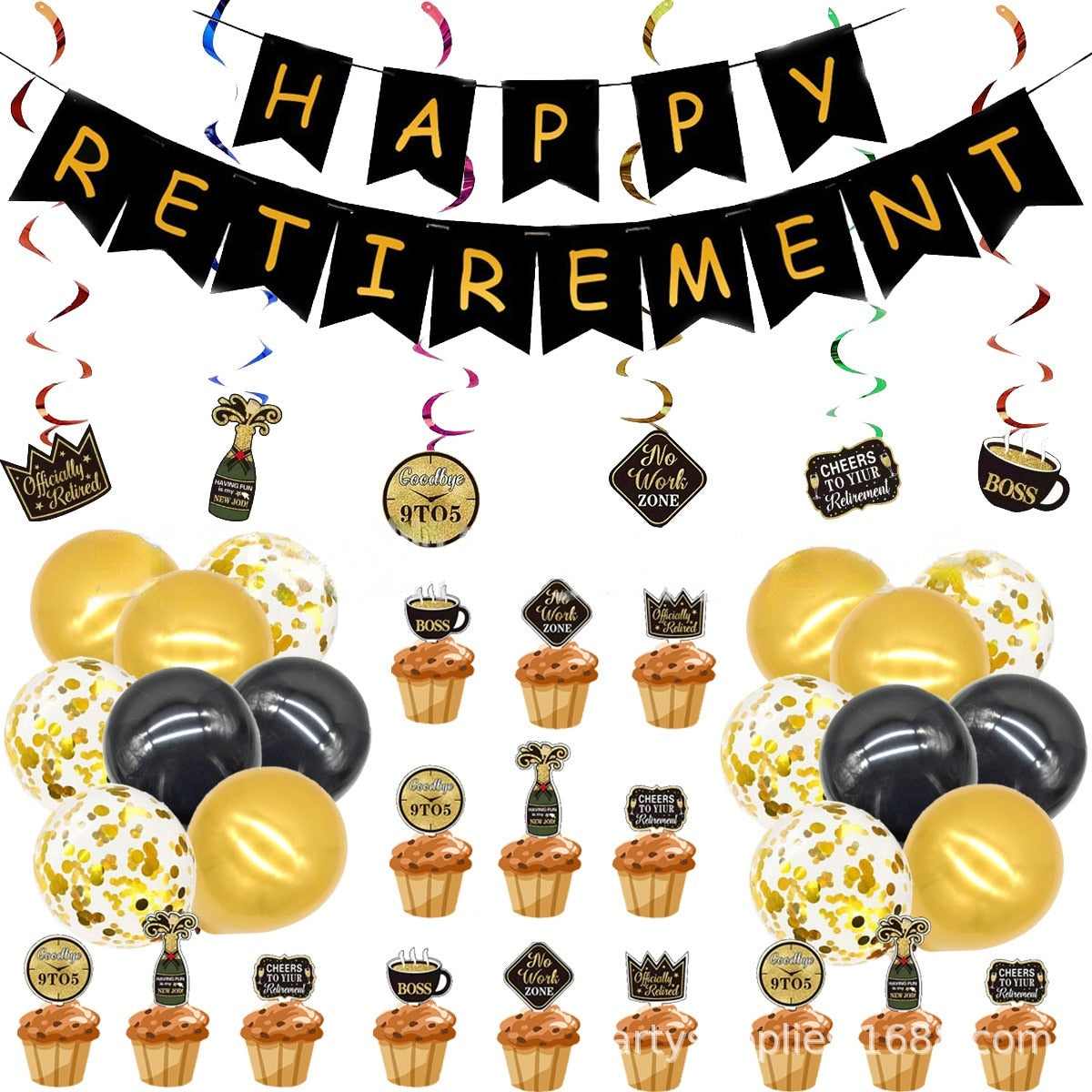 Retirement Party Decoration Gold Confetti Latex Balloon Cupcake Topper Hanging Swirls Supplies 