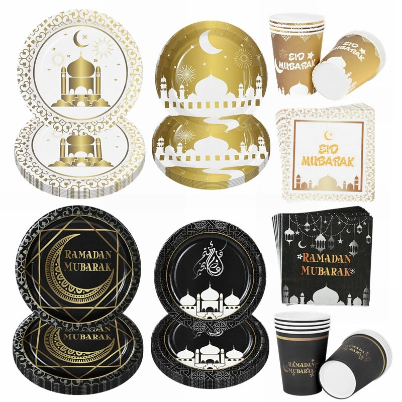 Eid Mubarak Disposable Tableware Gold Black Paper Plate Cup Napkin Ramadan Decoration Islamic Muslim Party Supplies 