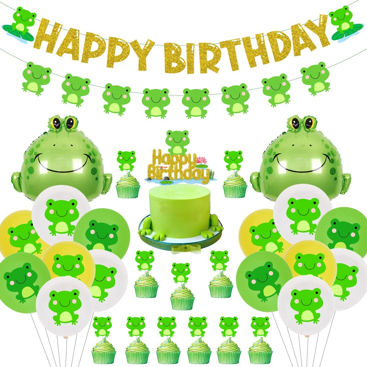 Frog Birthday Party Decorations Supplies Happy Birthday Banner Cake Toppers Latex Balloon for Birthday Party Supplies PartyDecorHQ