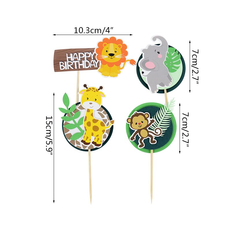 Forest Cartoon Animal Cute Green Leaf Cake Topper Children Birthday Theme Party Lion Giraffe Elephant Monkey Cupcake Insert Card PartyDecorHQ