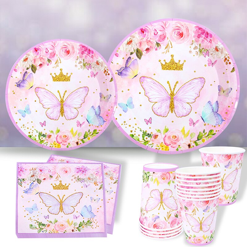 New Butterfly Pink Disposable Tableware Paper Cup Napkin Happy Birthday Wedding Party Decoration Baby Shower Festival Supplies 