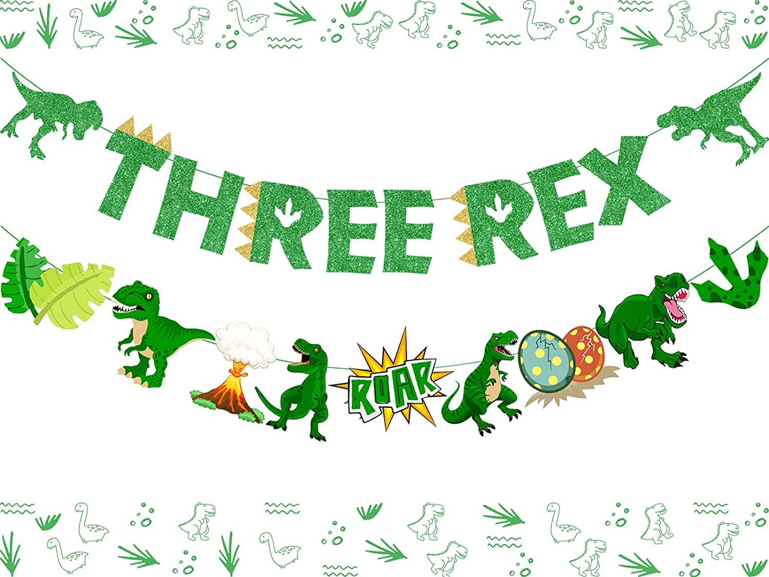 Dinosaur Theme Party Decorations Green Three Rex Banner Boys Girls rd Birthday Supplies 