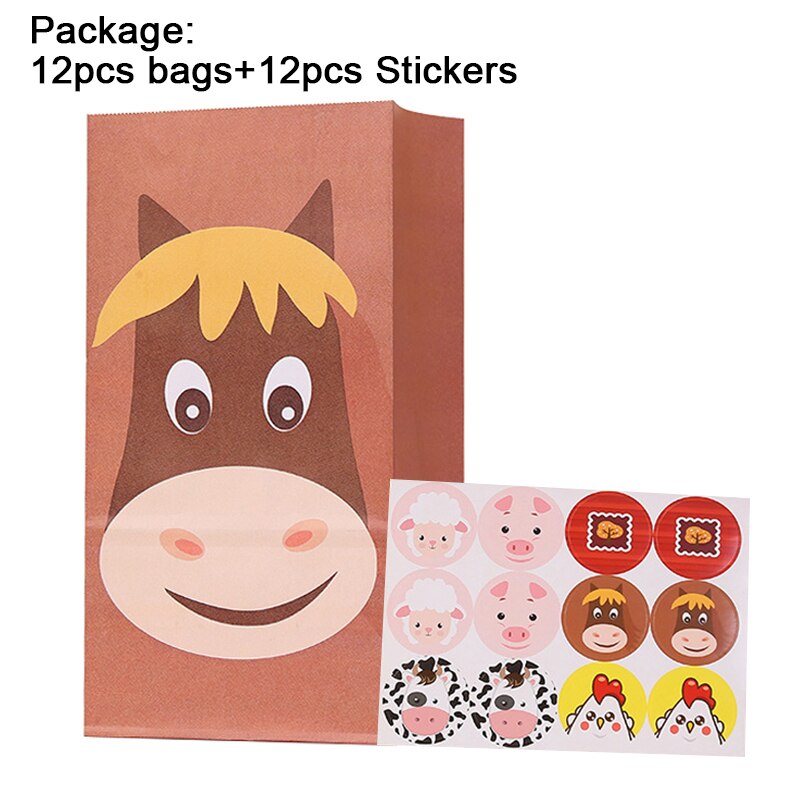 pcs Cartoon Animals Kraft Paper Gift Bags Stickers Packaging Sealed Bag Kids Birthday Farm Party Festival Supplies 