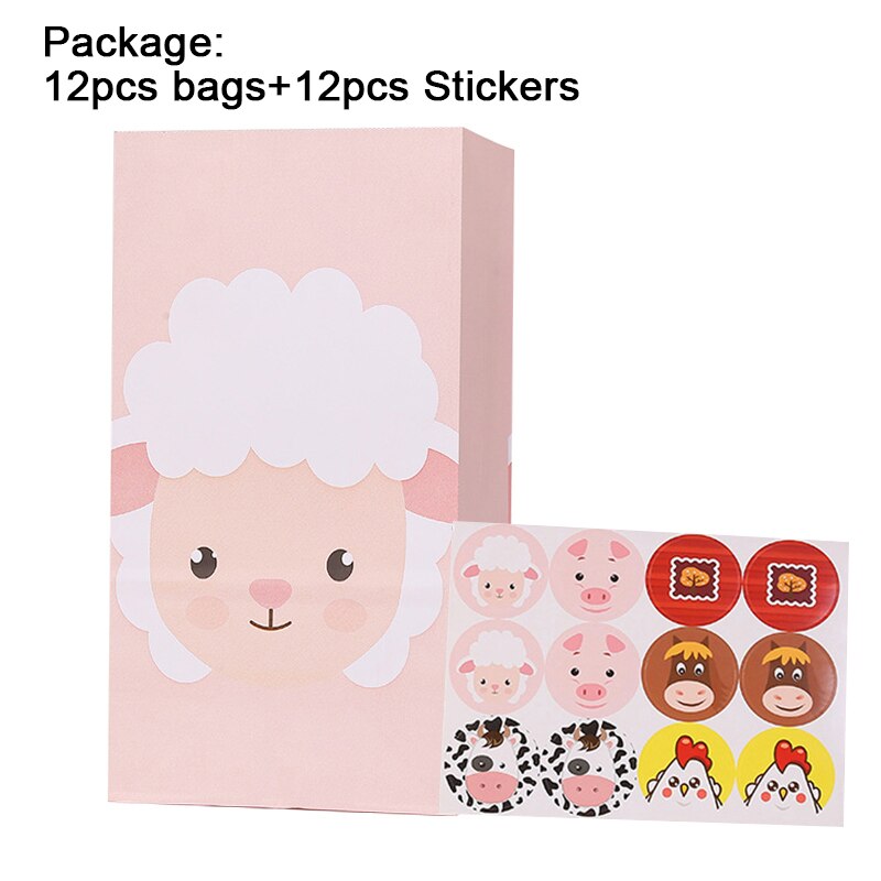 pcs Cartoon Animals Kraft Paper Gift Bags Stickers Packaging Sealed Bag Kids Birthday Farm Party Festival Supplies 