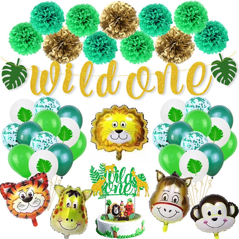 Jungle Animal Theme Party Decoration Foil Balloons Wild One Cake Topper for 1st Birthday Party Baby Shower Supplies PartyDecorHQ