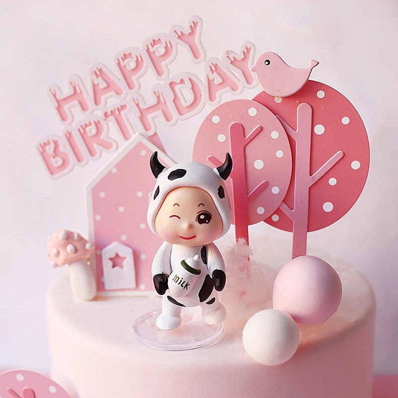 Child Happy Birthday Acrylic Cake Toppers Flag Pink Farm Cow Baby Rabbit Kid's Party Supplies Gifts 