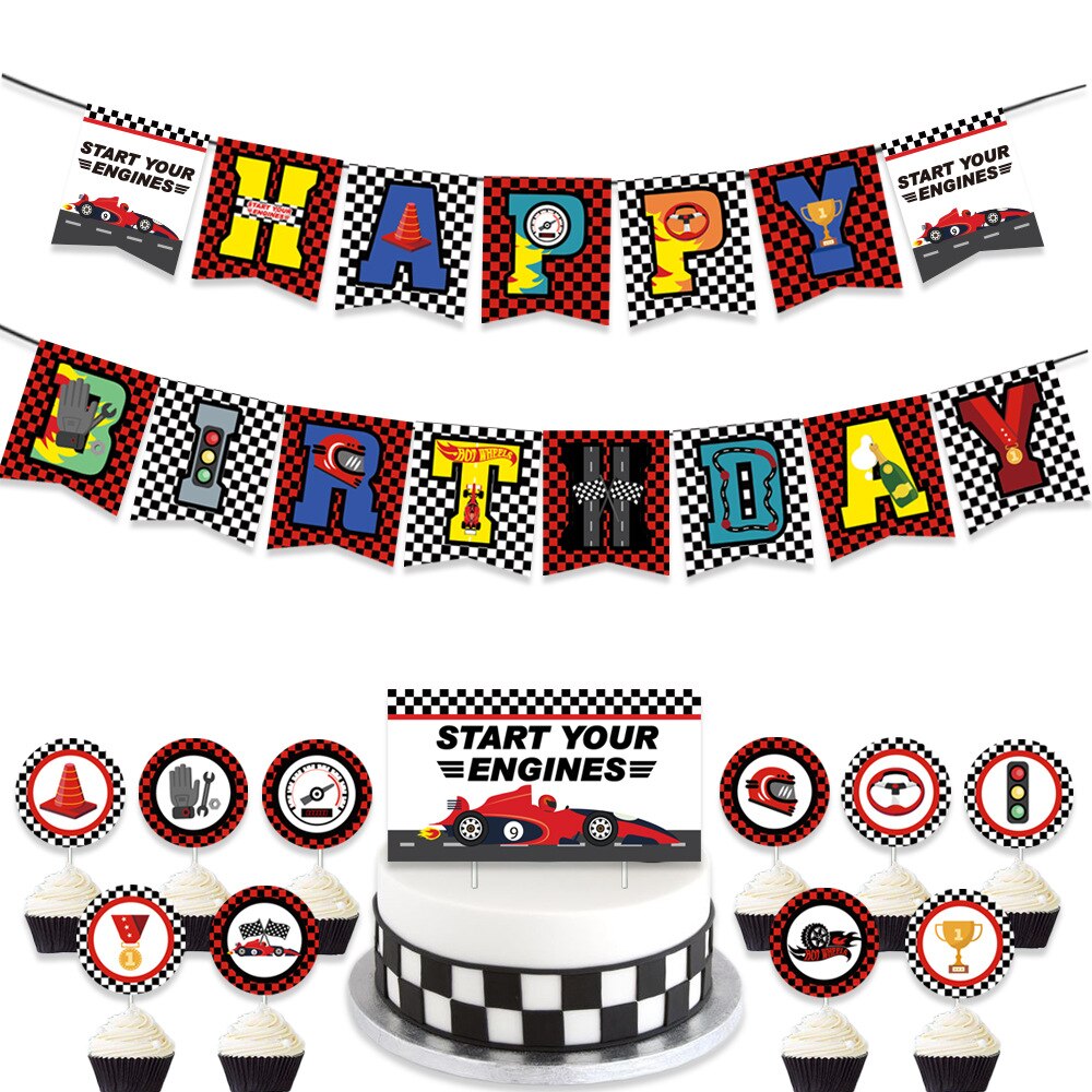 Racing Theme Party Decoration Red Black White Banner Cake Toppers Latex Balloons Boys Birthday Supplies 