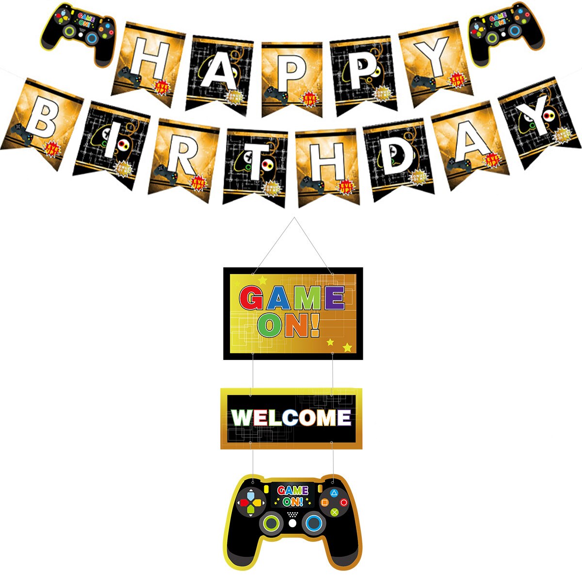 GAME Theme Birthday Party Decoration Black Gold Latex Balloon Set letter Banner Boy Game Fans Supplies 