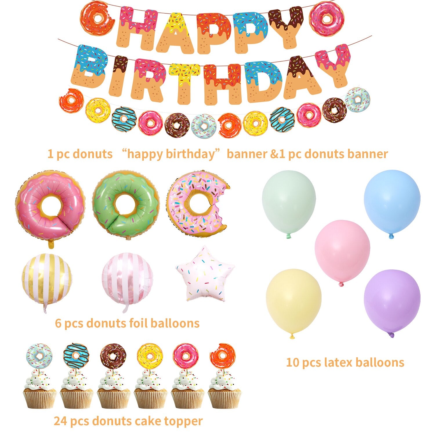 Sweet Donut Theme Party Decoration Balloon Set HAPPY BIRTHDAY Banner Macaron Cake Topper Birthday Supplies 