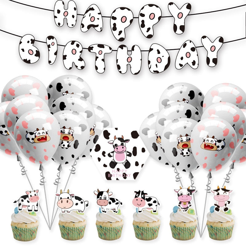 Cute Cow Pattern Balloons Happy Birthday Banner Cake Toppers Set Children's st Party Decoration Supplies 