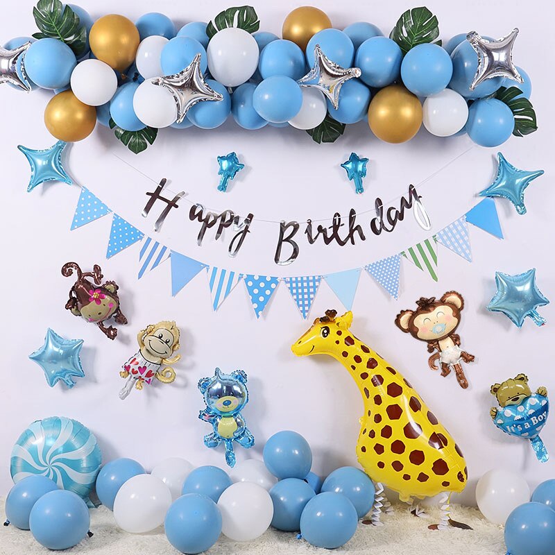 Happy Zoo Theme Party Decoration Balloon Garland Arch Set Blue Banner Kids Birthday Baby Shower Supplies Inflatable Decorations