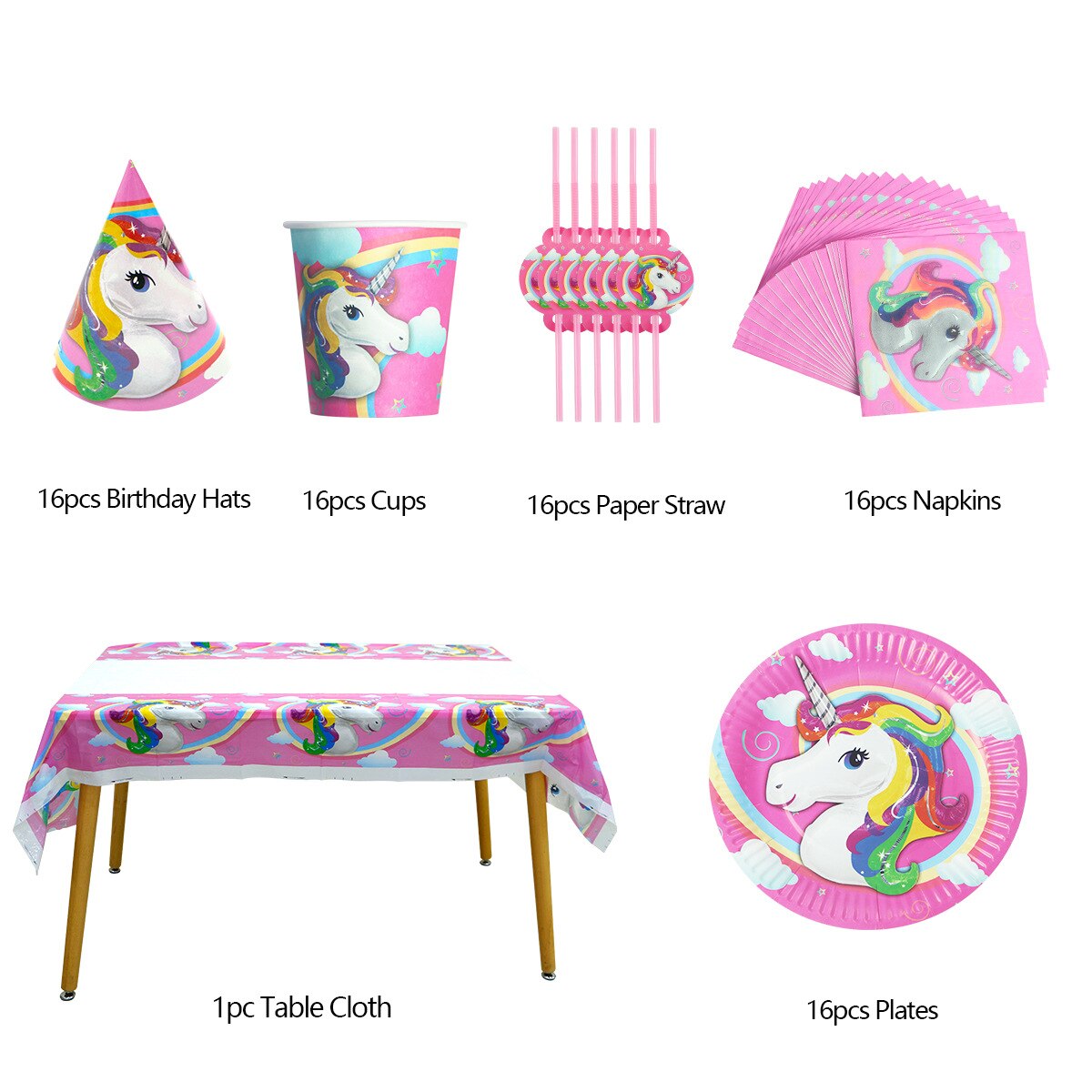 Unicorn Party Supplies Set Paper Plate Straws Birthday Hat Cup Tablecloth Decorations 