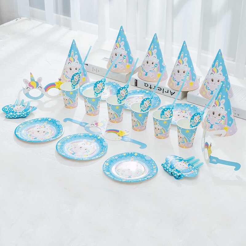 Unicorn Theme Disposable Tableware Set Blue Paper Plate Cup Kids Toys Glasses Birthday Baby Shower Party Supplies 