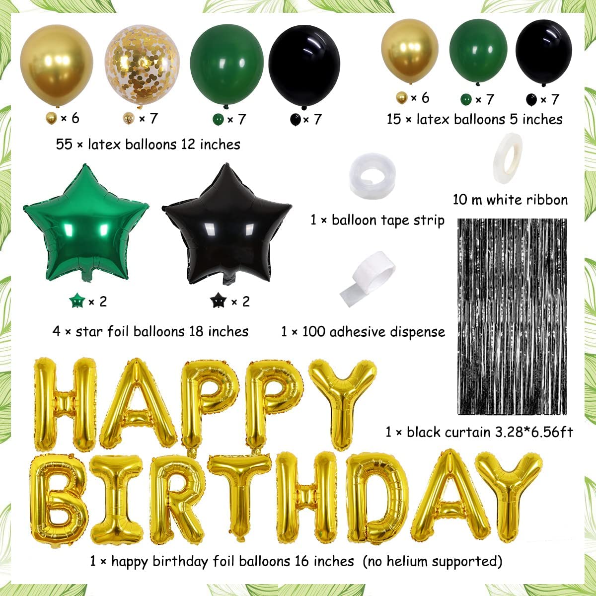 Green Birthday Party Decorations Supplies with Balloon Garland Arch Kit Happy Birthday Foil Balloons Black Curtain PartyDecorHQ