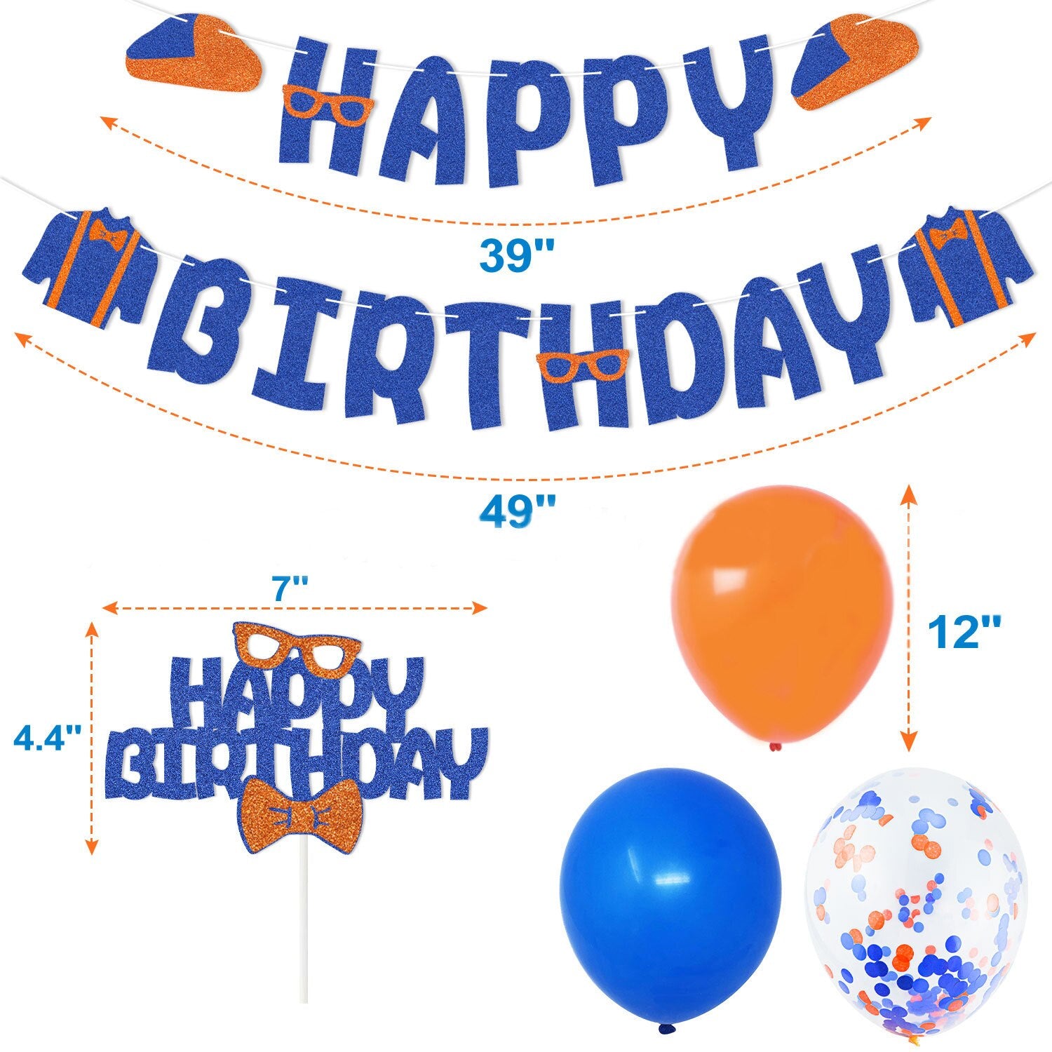 Orange Blue Confetti Latex Balloon Set Happy Birthday Banner Cake Topper Kids Party Decoration Supplies 