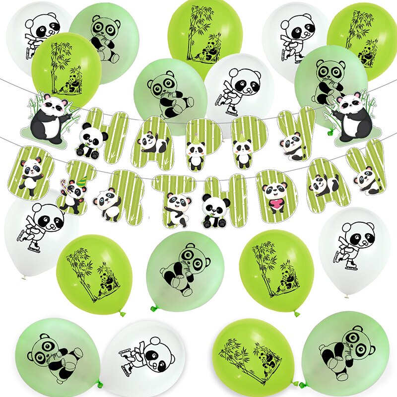 Panda Themed Birthday Party Decorations Green Balloons Set Happy Birthday Banner Cake Topper for Kids Party Supplies PartyDecorHQ