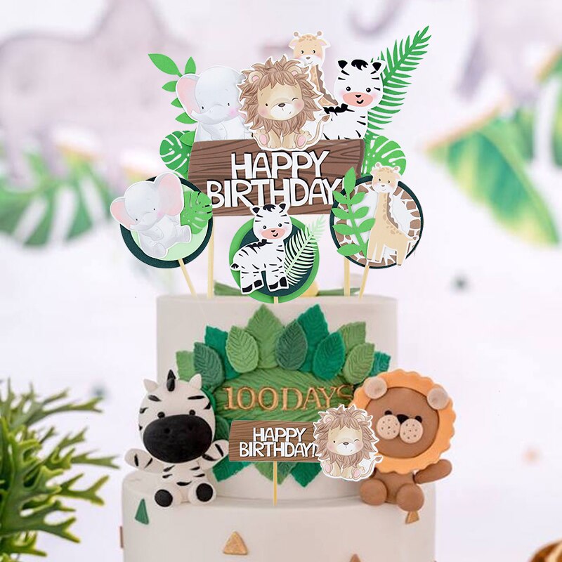 Forest Cartoon Animal Cute Green Leaf Cake Topper Children Birthday Theme Party Lion Giraffe Elephant Monkey Cupcake Insert Card PartyDecorHQ