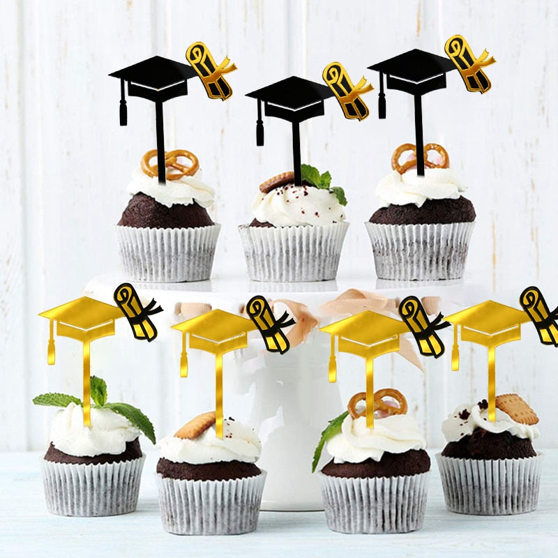 3pcs Happy Graduation Acrylic Cake Toppers Gold Black Congrats Grad Cake Topper for Class of 2022 College Celebrate Party Decor PartyDecorHQ