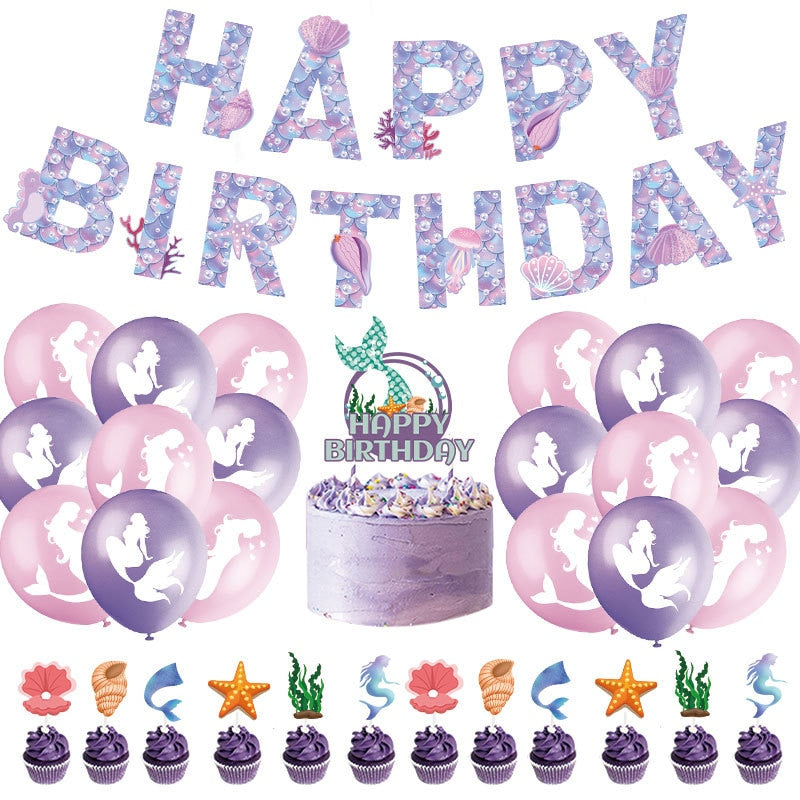 Pink Purple Mermaid Theme Birthday Decoration Latex Balloon Set Cake Cupcake Toppers Girls Party Supplies 