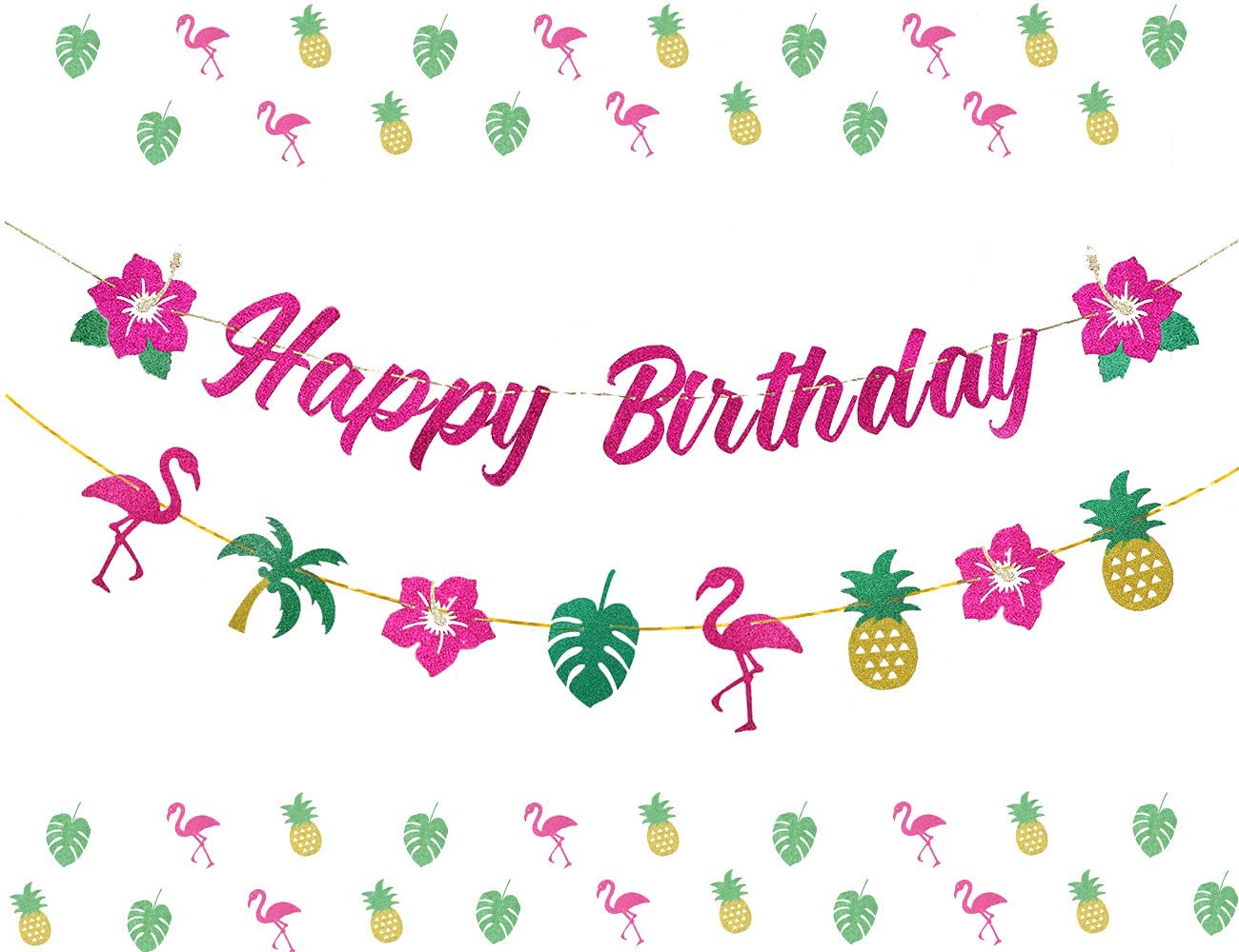 Hawaii Theme Party Decorations Pink Flamingo Tropical Flower Leaf Happy Birthday Banner Supplies 