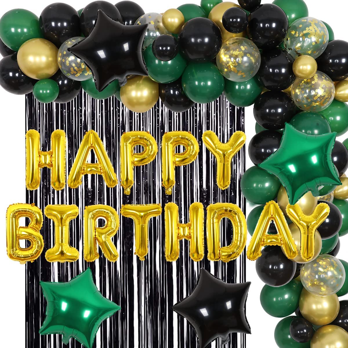 Green Birthday Party Decorations Supplies with Balloon Garland Arch Kit Happy Birthday Foil Balloons Black Curtain PartyDecorHQ