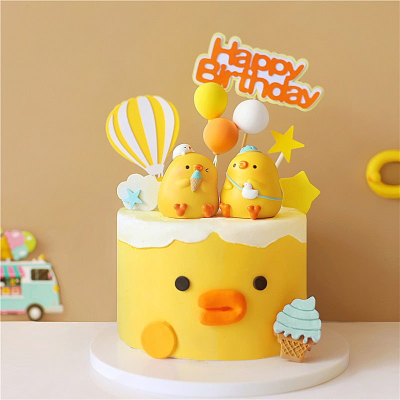 Yellow Chicken Hot Air Balloon Cake Topper Theme Birthday Party Decoration Animal Cupcake Holiday Kids Supplies 