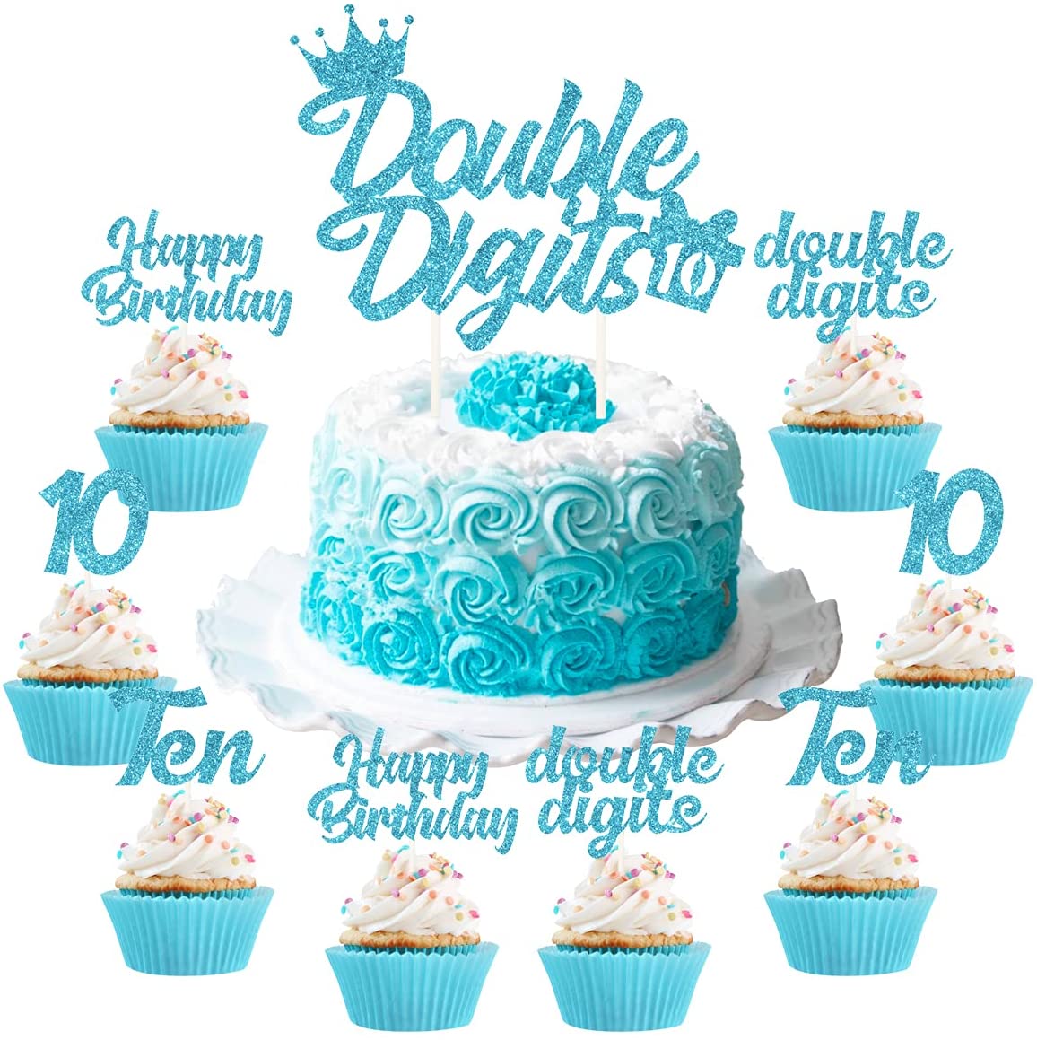 Blue Party Decorations Teal Blue, Double Digits Cake Cupcake Topper Girls th Birthday Supplies 