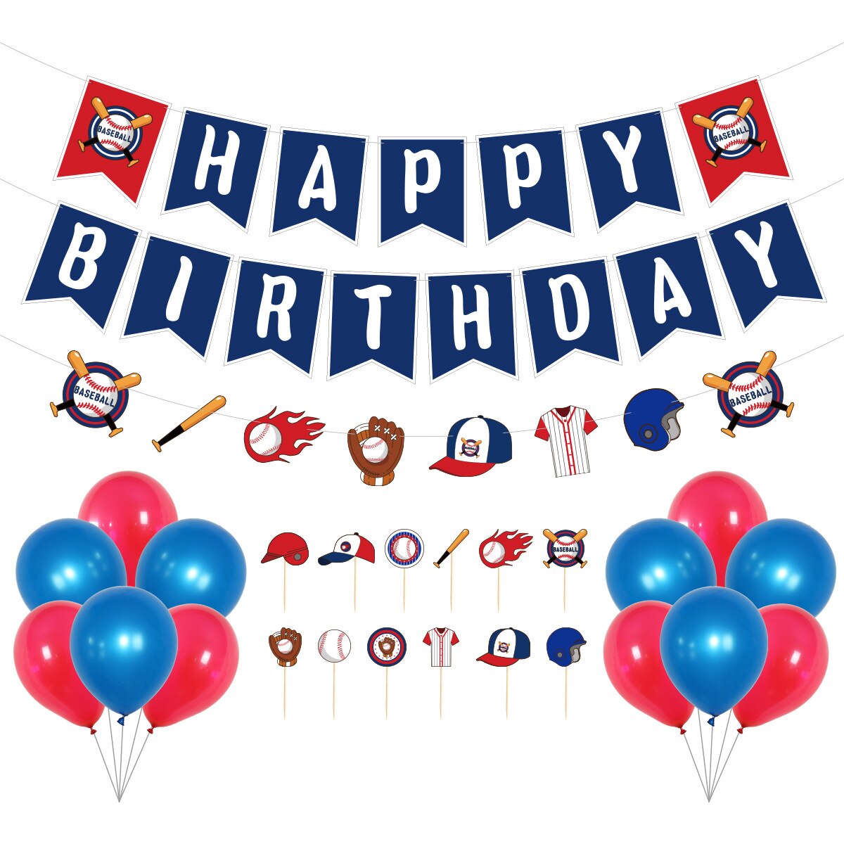 Red Blue Latex Balloon Baseball Cupcake Topper Happy Birthday Banner Hanging Swirl Boys Party Decoration 