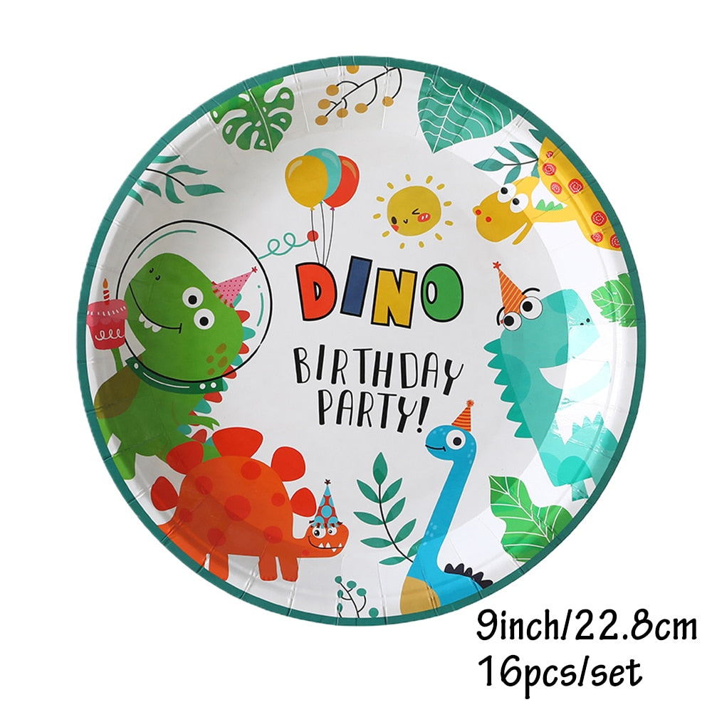 Cute Dinosaur Birthday Decorations Disposable Tableware Plates Cups Jungle Dino Party Banner Kids Summer Supplies 