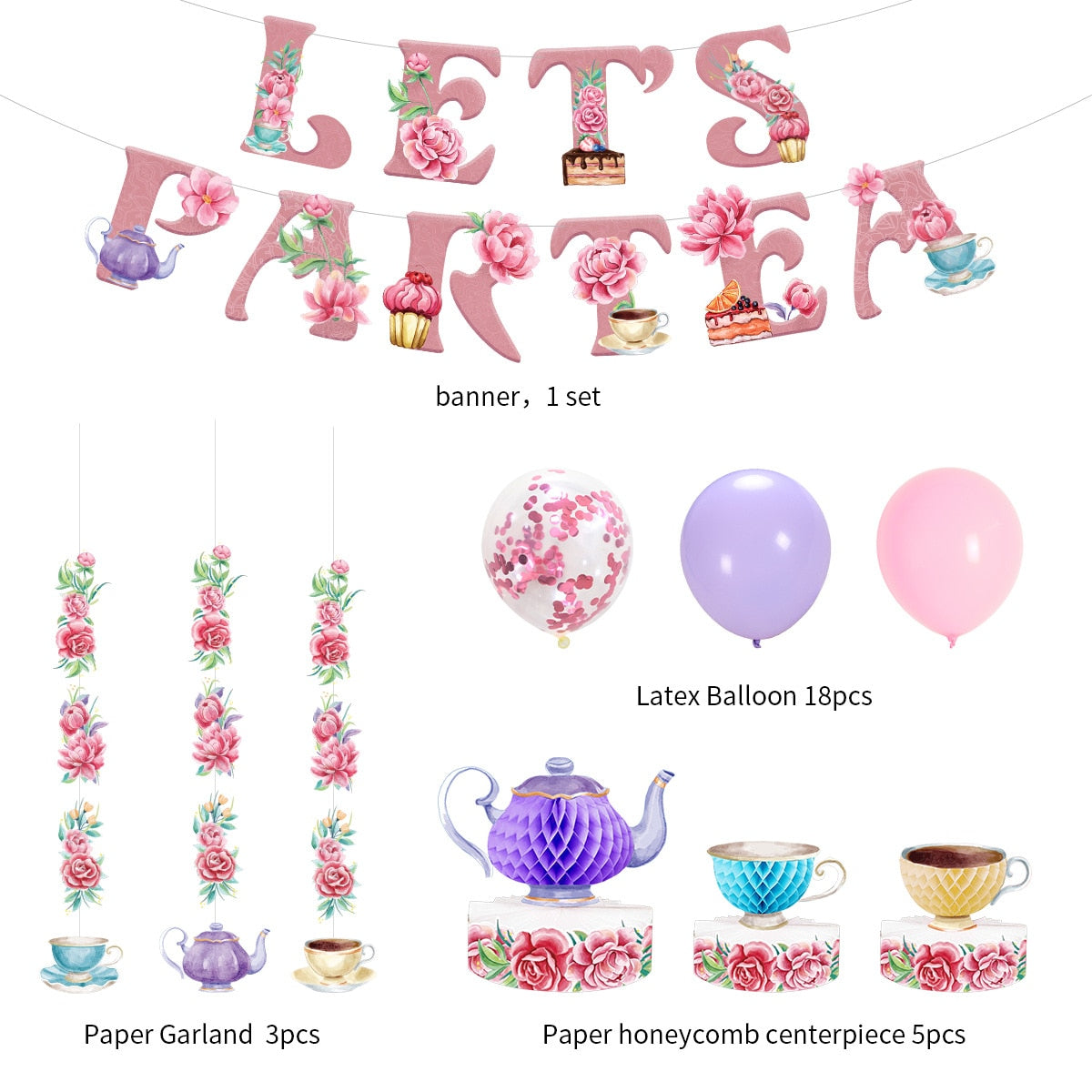 Let's Partea Theme Party Decoration Set Banner Confetti Balloon Rose Flower Garland for Girls Birthday Baby Shower Afternoon Tea PartyDecorHQ