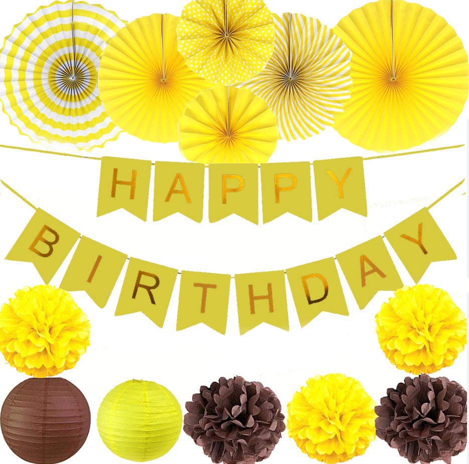 Sunflower Theme Birthday Party Decoration Yellow Banner Paper Fan Flower Ball Cake Toppers Girls Baby Shower 