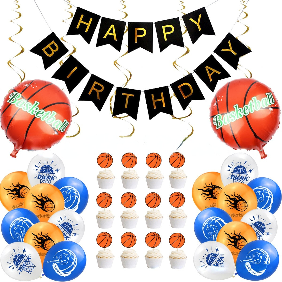 Basketball Theme Blue Latex Foil Balloon Cupcake Topper Hanging Swirl Banner Boy Birthday Party Supplies 