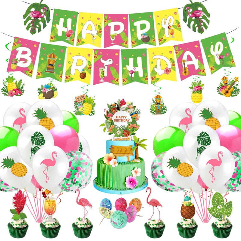 Hawaiian Theme Party Decoration Pineapple Leaf Balloons Birthday Banner Flamingo Cake Toppers Summer Supplies 