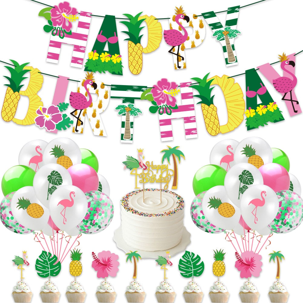 Hawaii Party Decoration Pink Green Confetti Balloon Cake Toppers Happy Birthday Banner for Birthday Party Supplies PartyDecorHQ