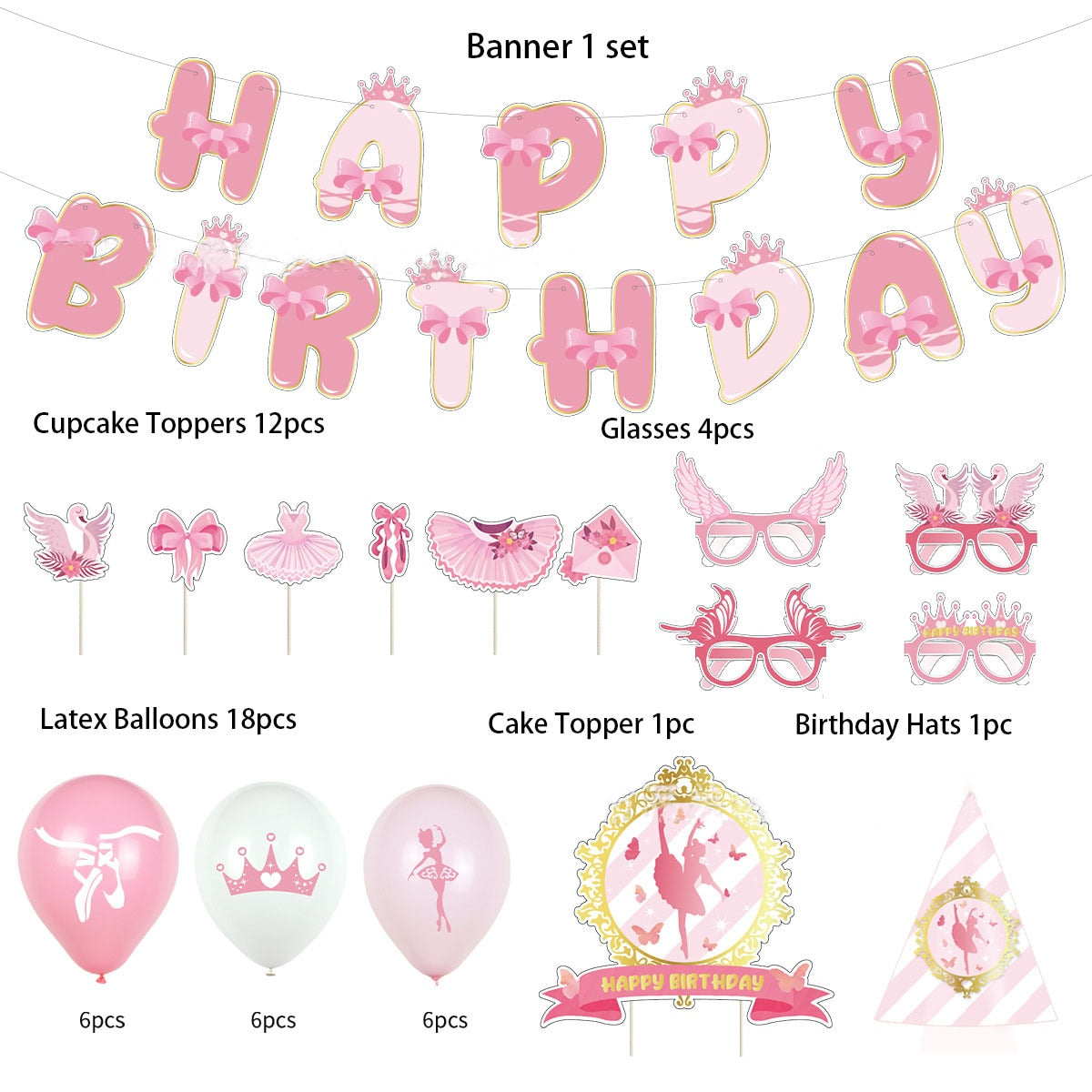 Pink Ballet Theme Crown Princess Latex Balloon Set Party Decoration Banner Cake Topper Girl Birthday Supplies 