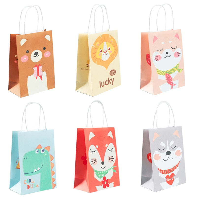 pcs Cartoon Animals Paper Tote Bag Lion Tiger Dinosaur Gifts Packing Shopping Bags Kids Birthday Anniversary Baby Shower Decor 