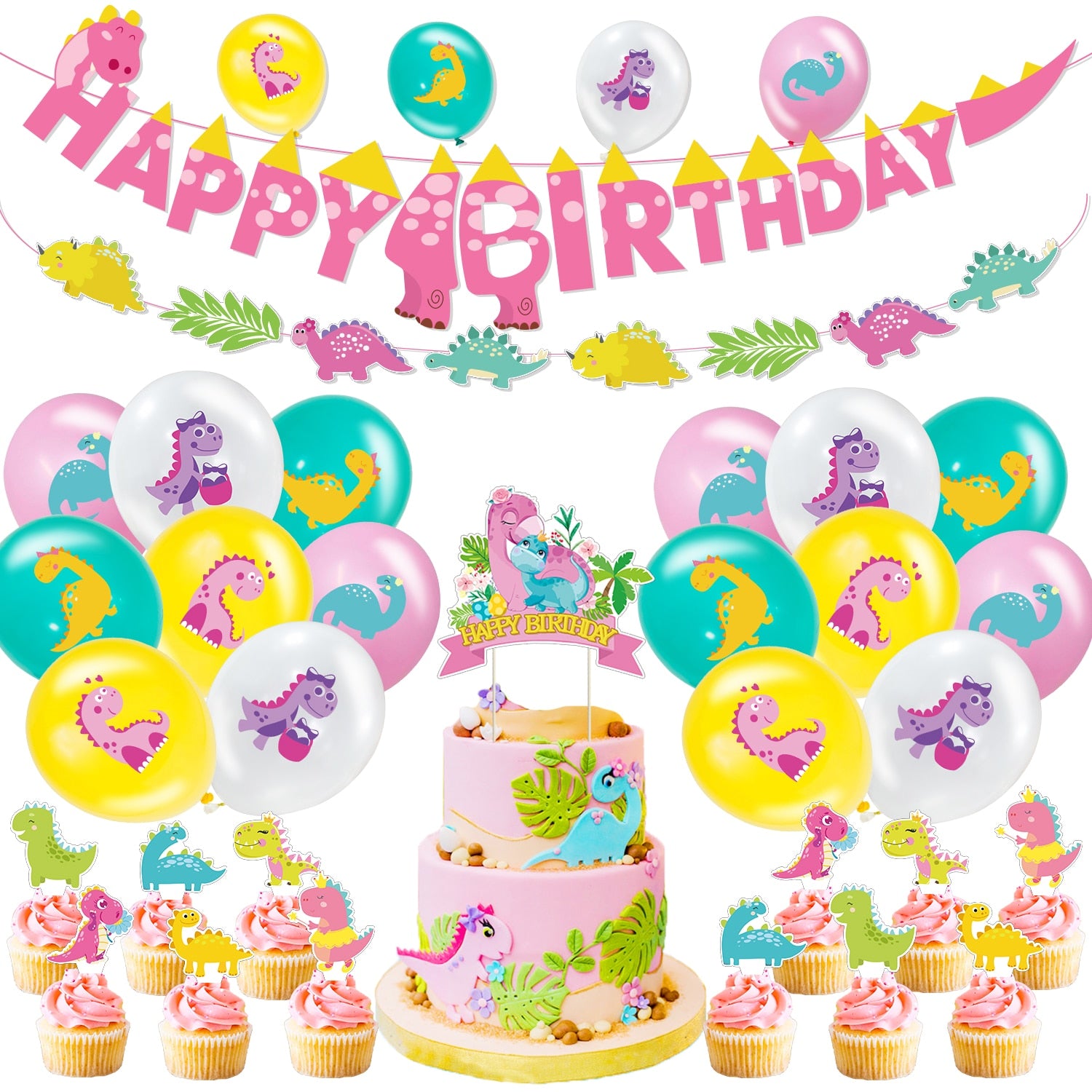 Pink Dinosaur Theme Party Decoration Latex Balloon Set Letter Banner Cake Cupcake Topper Kids Birthday Supplies 