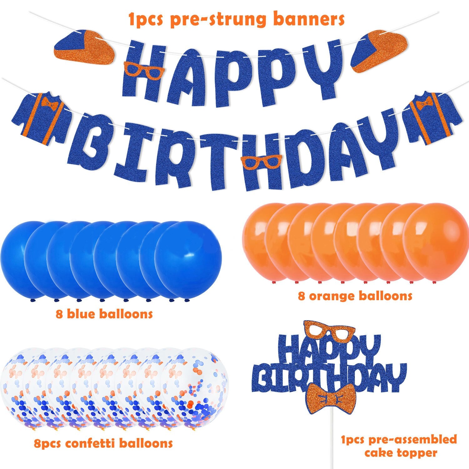 Orange Blue Confetti Latex Balloon Set Happy Birthday Banner Cake Topper Kids Party Decoration Supplies 