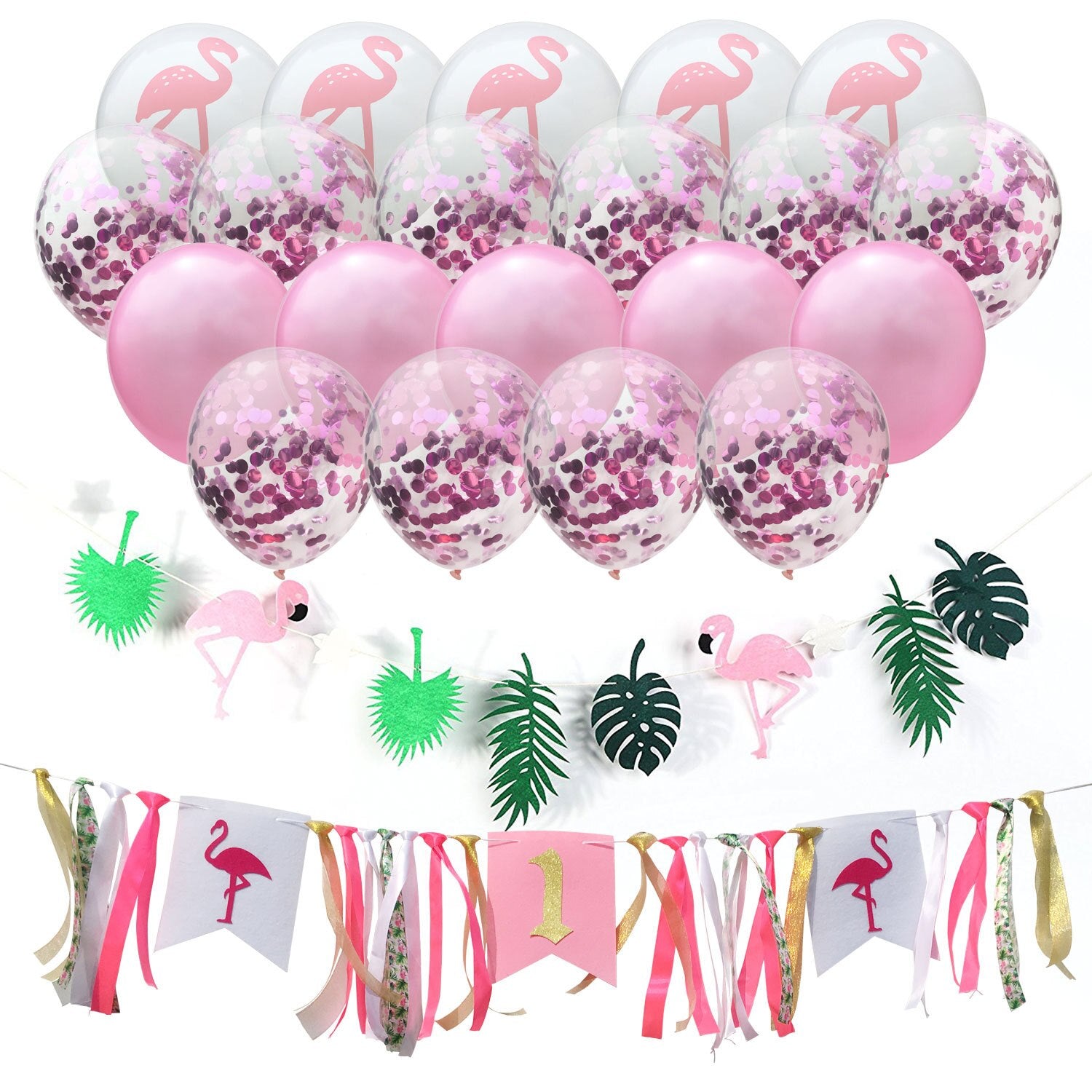 Hawaii Theme Party Decoration White Pink Flamingo Confetti Latex Balloon Feather Banner Birthday Supplies 