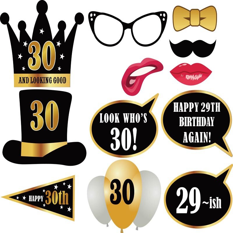 Funny 30th Birthday Photo Booth Props Set Happy 30th Birthday Party Supplies Golden Black Photo Props Party Decor PartyDecorHQ