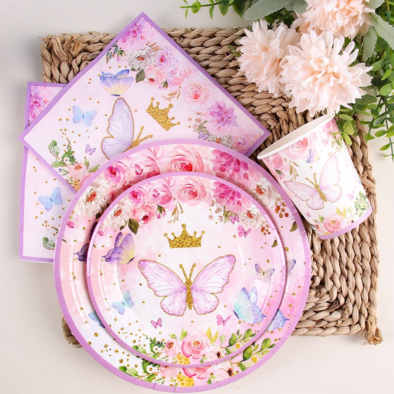 New Butterfly Pink Disposable Tableware Paper Cup Napkin Happy Birthday Wedding Party Decoration Baby Shower Festival Supplies 