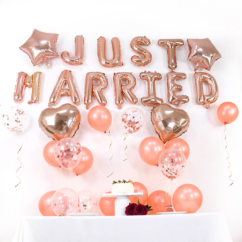 Rose Gold Just Married Balloons Wedding Star Heart Balloon Bridal Shower Air Globos Decoration Hen Bachelorette Party Supplies 